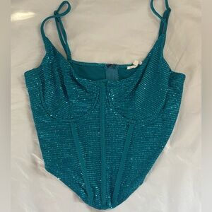 Bear Dance Teal Sequin Corset-Style Crop Top | Size L